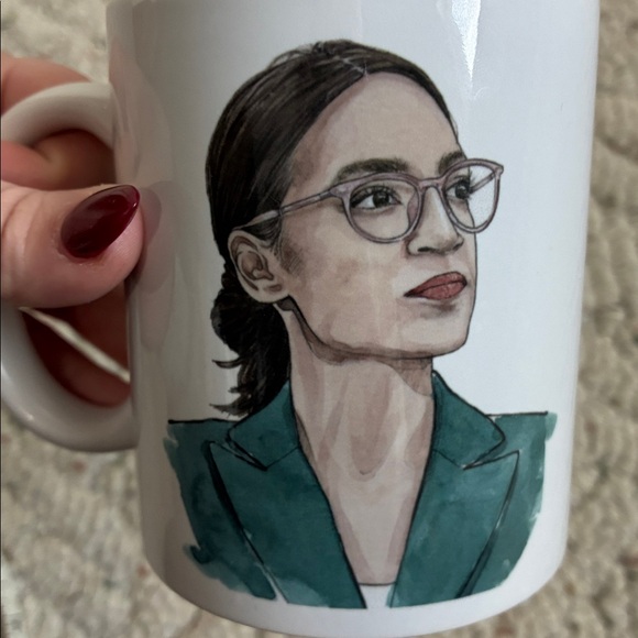 Handmade White Ceramic Mug w/ Illustrated AOC Alexandria Ocasio Cortez Portrait - Picture 4 of 6